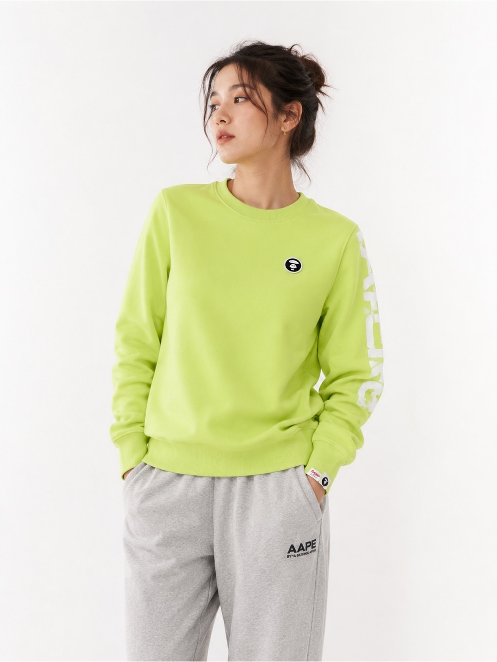 AAPE by A Bathing Ape Women’s S Neon Green Crewneck Sweatshirt Removable Patch